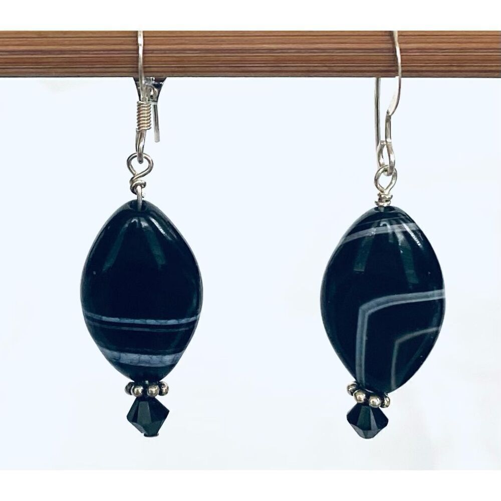KS# Stunning 1 1/2” Black Agate & Sterling Silver Earrings